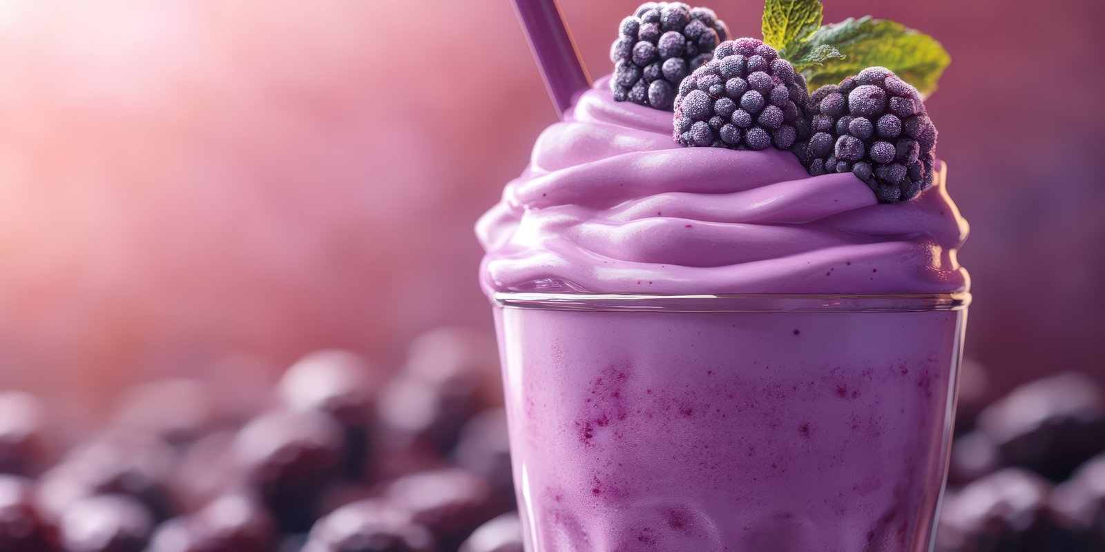 Delicious blackberry smoothie topped with fresh fruit in a cozy café setting during summer
